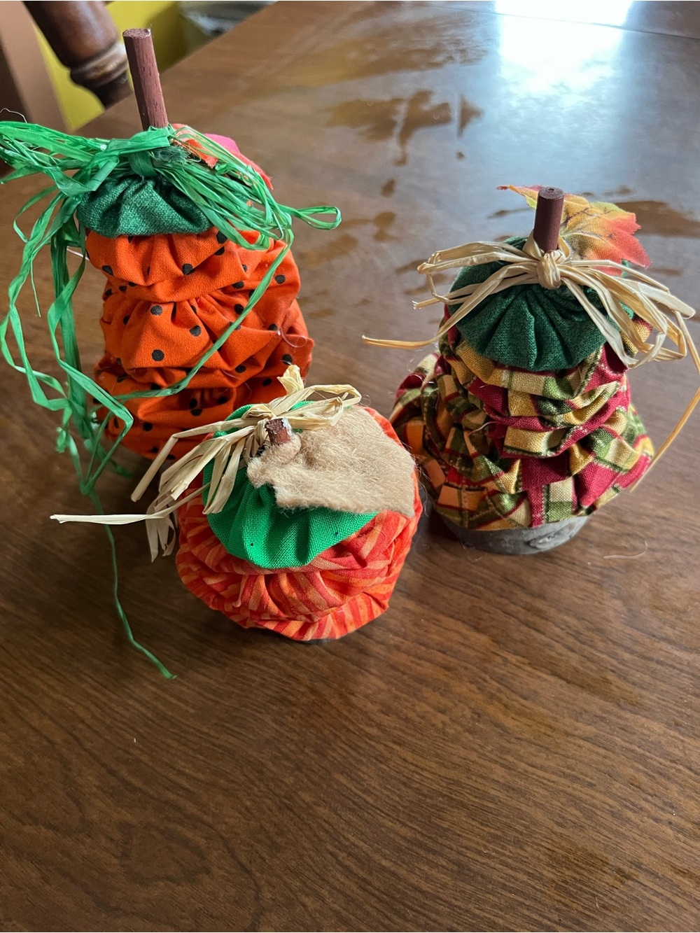 Handcrafted Fall Fabric Pumpkin Trio — Orange & Green Autumn Accents